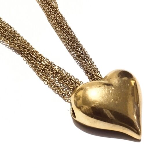 Vintage Gold Tone Multi Chain Puffy Heart Sliding Pendant Necklace - Picture 3 of 6